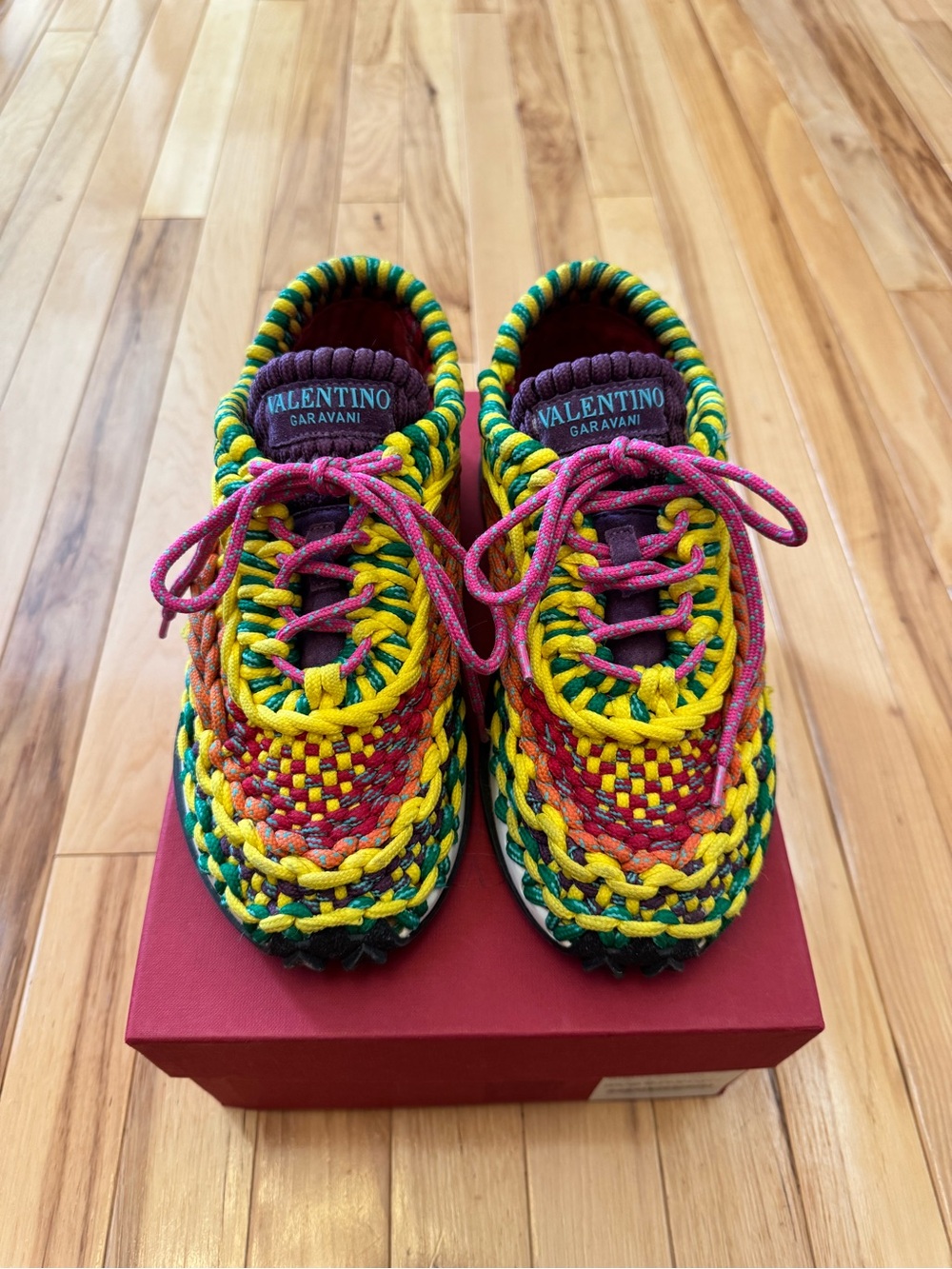 Valentino Garavani women Yellow Green Pink Woven Lace-Up Sneakers